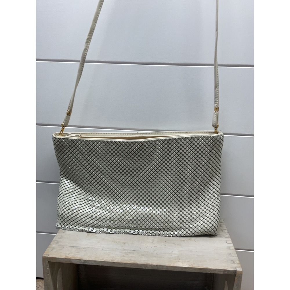 Whiting and Davis Vintage Cream Metal Mesh Crossbody Bag Gold Logo Charm